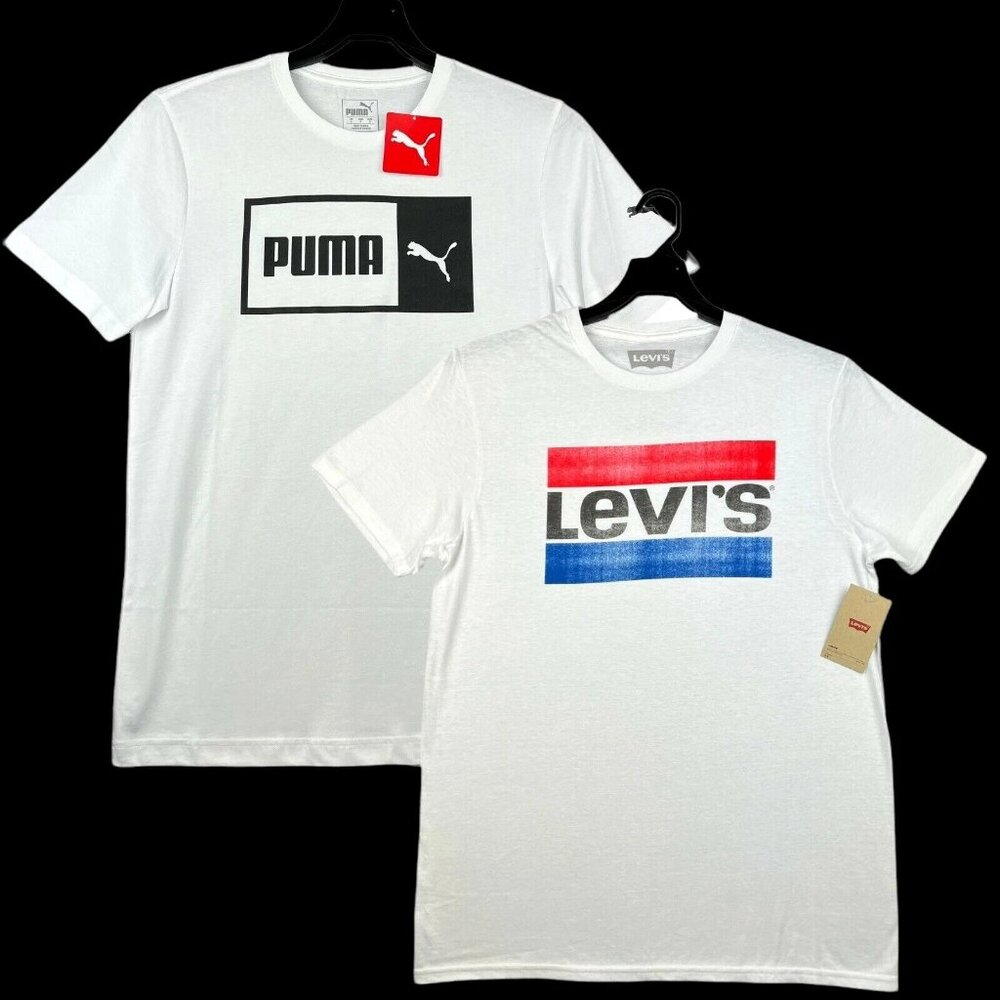 Puma-Levis Men's T-Shirts Size M-XL White-Multi Short Sleeve Crew Neck Lot‎ of 2